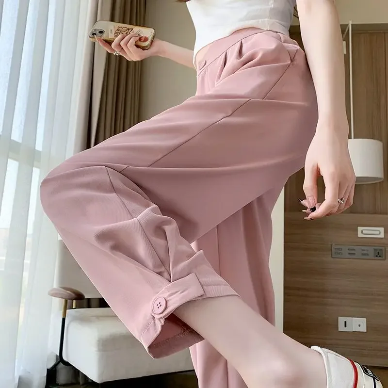 

2025 Elegant Fashion Harajuku Slim Fit Female Clothes Loose Casual All Match Sports Pants Solid Pockets Button Wide Leg Pants