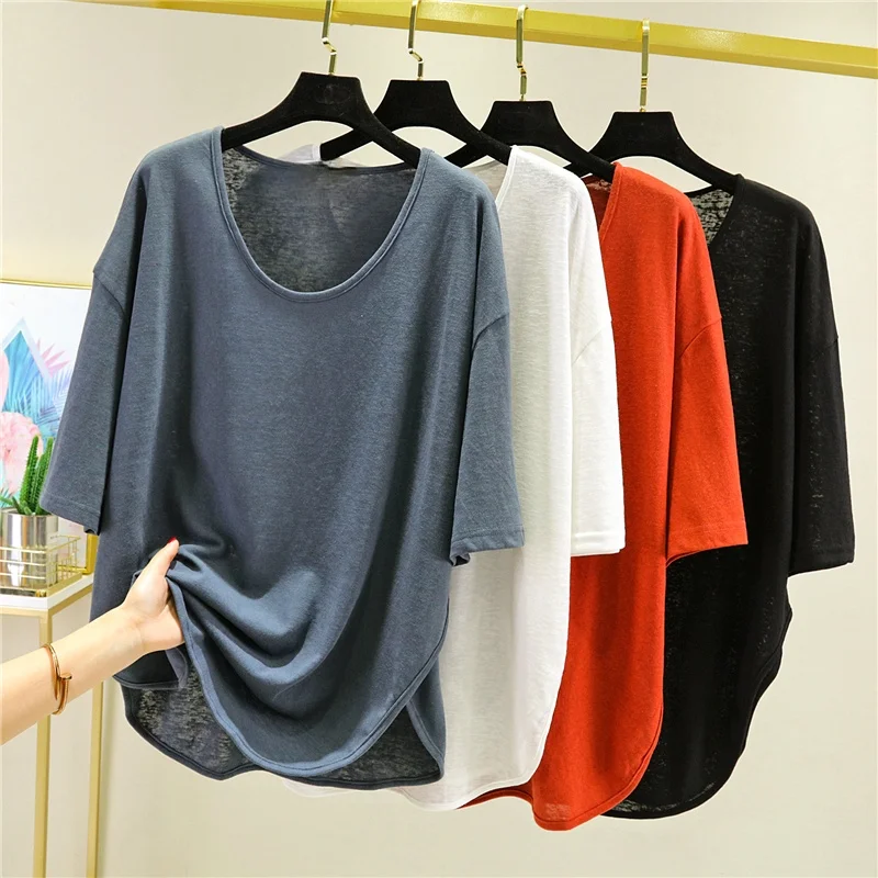 Women's Loose Cotton Linen T-Shirt, O-Neck, Half Sleeved, Casual Female Pulls, Monochromatic Tops, Summer Outwear, Vintage Tees