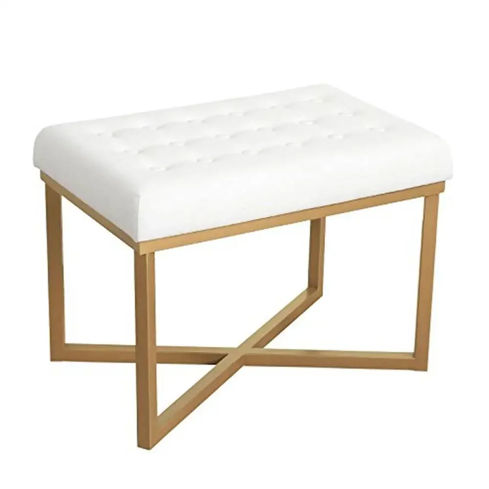 Velvet Ottoman Bench Stylish Metal Base Extra Seating White 24x16