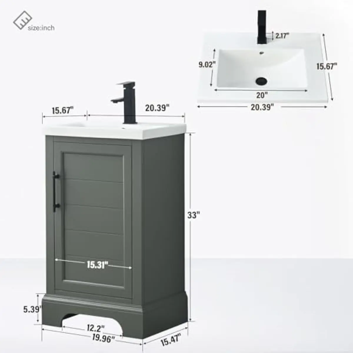20 Inch Modern Single Sink Bathroom Vanity with Engineered Marble Top Soft Close Doors Matte Black Hardware Dovetail Drawers Wat