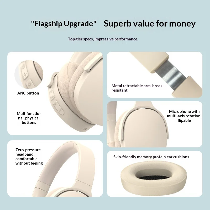 Fmouse P3961 Active Noise Canceling Bluetooth Wireless Over Ear Headphones Metal Telescopic Arm Memory Foam Earpads For Sports