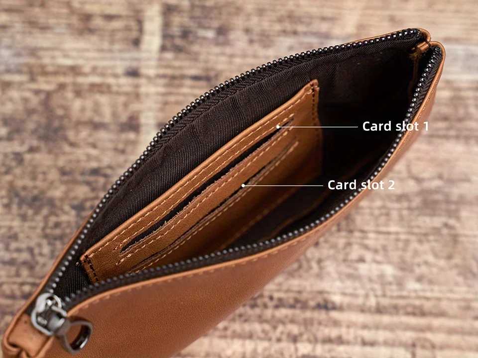 ZRCX Herren-Geldbörse aus echtem Leder mit langem Reißverschluss, erste Schicht aus Rindsleder, ultradünne Jugend-Handtaschen-Geldbörse, trendige Marke, einfache Geldbörse – Detail 12