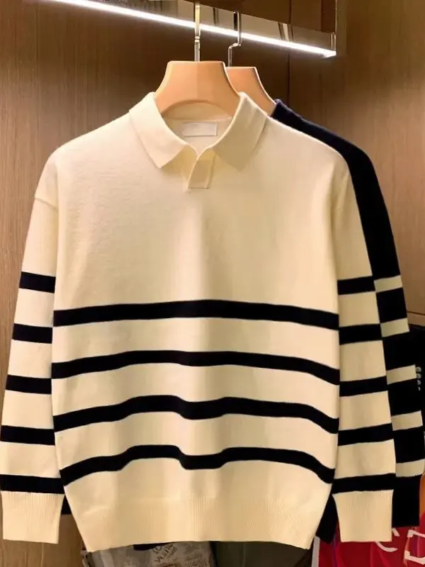 

Loose Fit Men's Knitted Sweater Casual Stripe Color Blo Long Sve irt Korean Sle Autumn Winter Breathable V-Ne