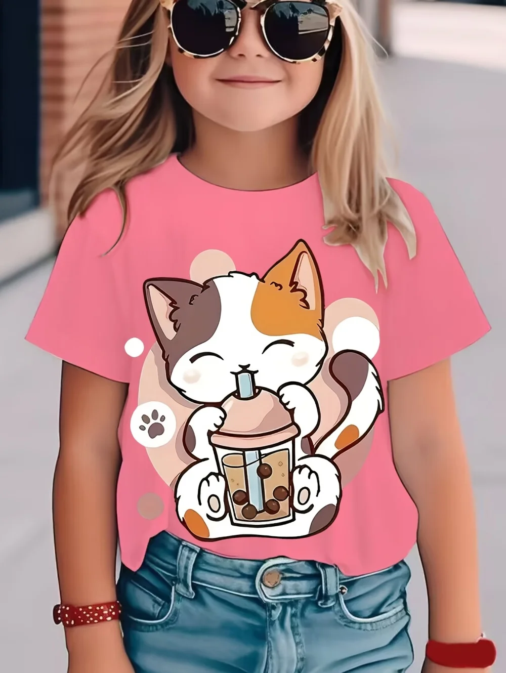 تي شيرت Kawaii Cat للفتيات، ملابس أطفال، طباعة ثلاثية الأبعاد، بلوفر برقبة دائرية، كم قصير، ملابس مريحة #6