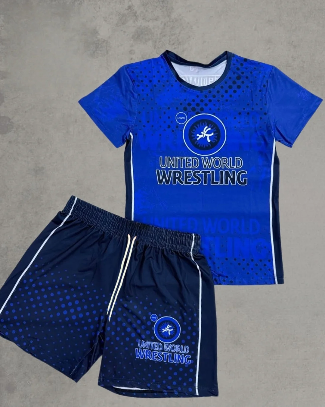 Summer Men's Blue Dot Print Wrestling Style Sport Set Quick Dry Short Sleeve Top & Short Breathable Athletic Training Uniform