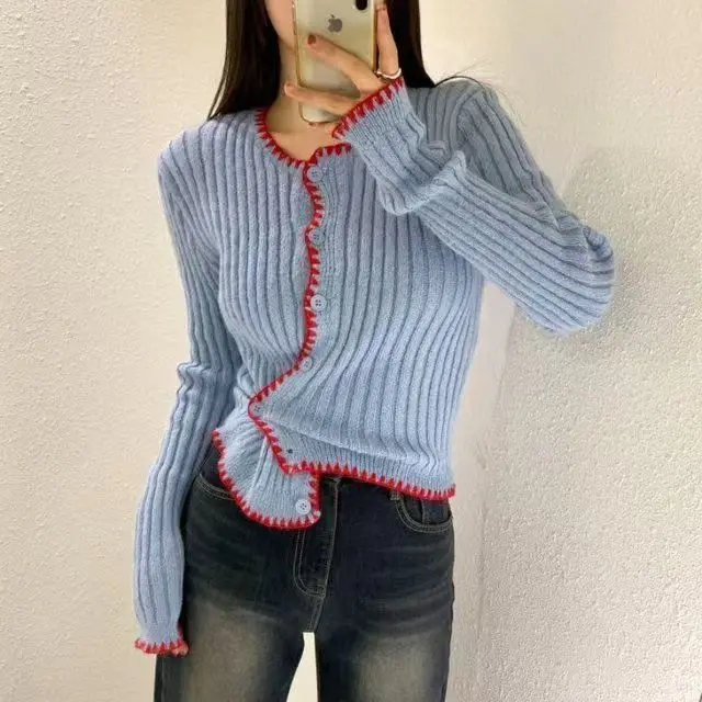 Kimutomo French Style Color Block Knit Cardigan Women Early Autumn Cropped Slim Fit Elegant Sweater Coat Short Top