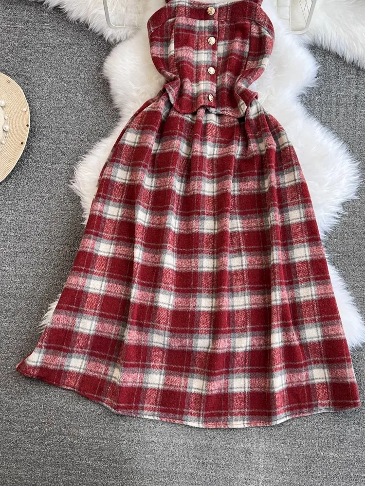 New Fashion Plaid Woolen Dress Women Autumn Winter Spaghetti Strap Dress Streetwear Sleeveless Long Sundress