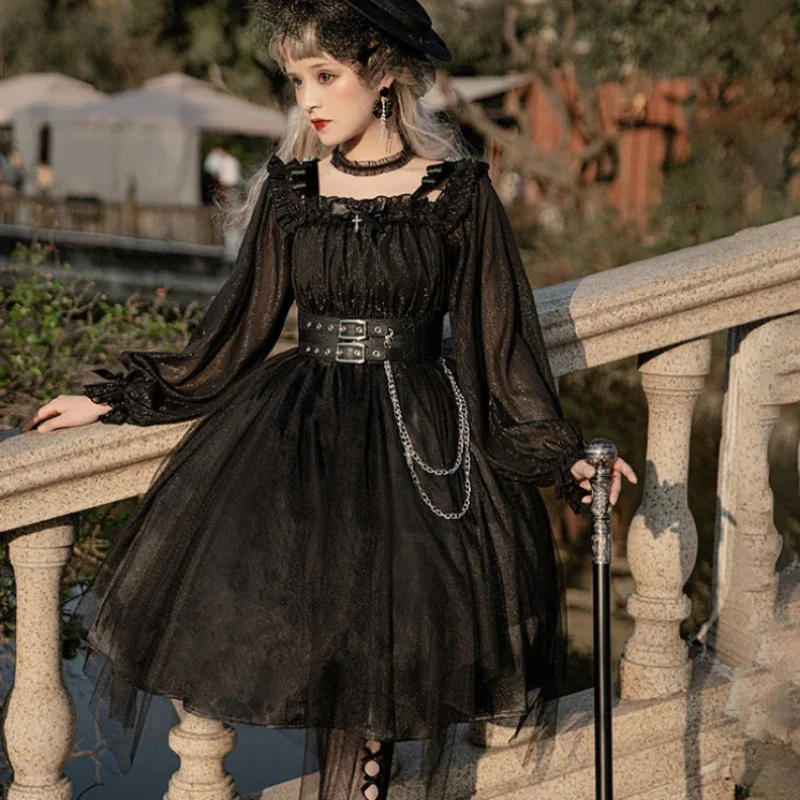 2026 جديد القوطية شبكة سوداء لوليتا فستان للنساء عالية الخصر مائل الرقبة الظلام الشرير الشارع الشهير خمر فستان حفلة الأميرة #2