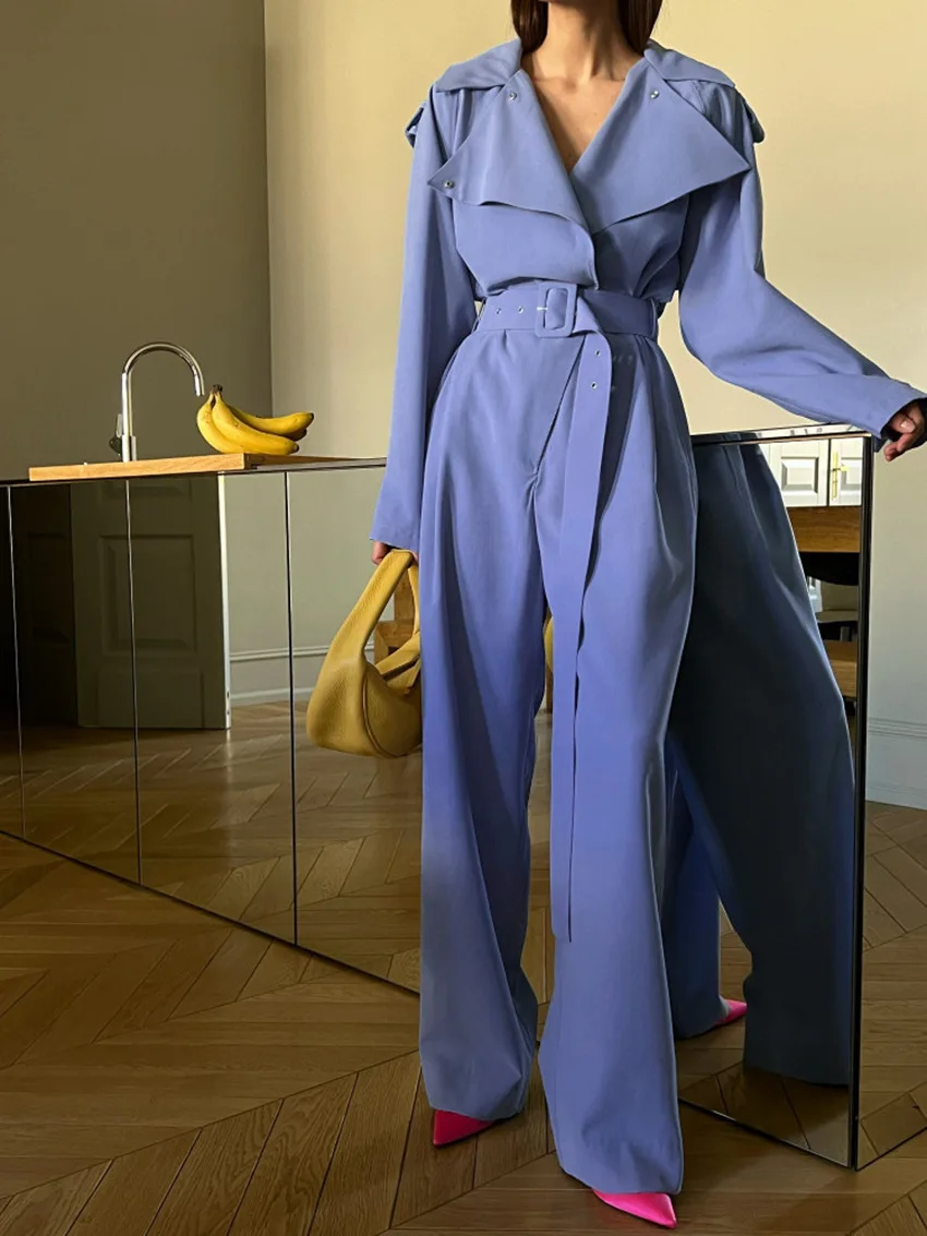 French-Inspired Chic Small-Label Jumpsuit with Cinched Waist, Relaxed Style, Long Sleeves, Trench Coat Collar, and Belted Pants