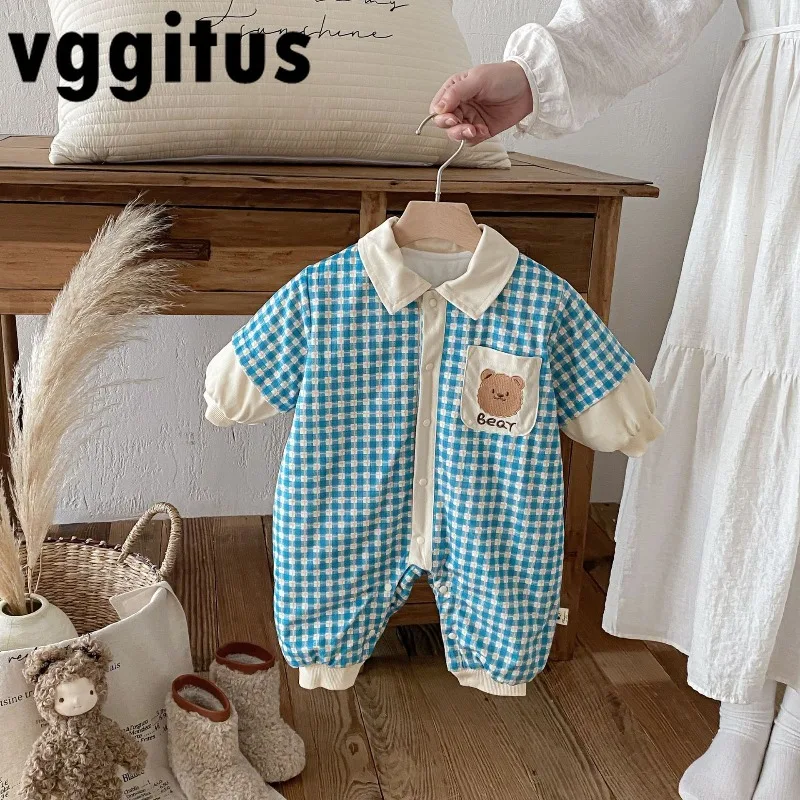 

Осенне-зимний комбинезон для маленьких девочек и мальчиков, синий комбинезон в клетку с нашивкой медведя и контрастным воротником, теплый комбинезон для новорожденных A4422