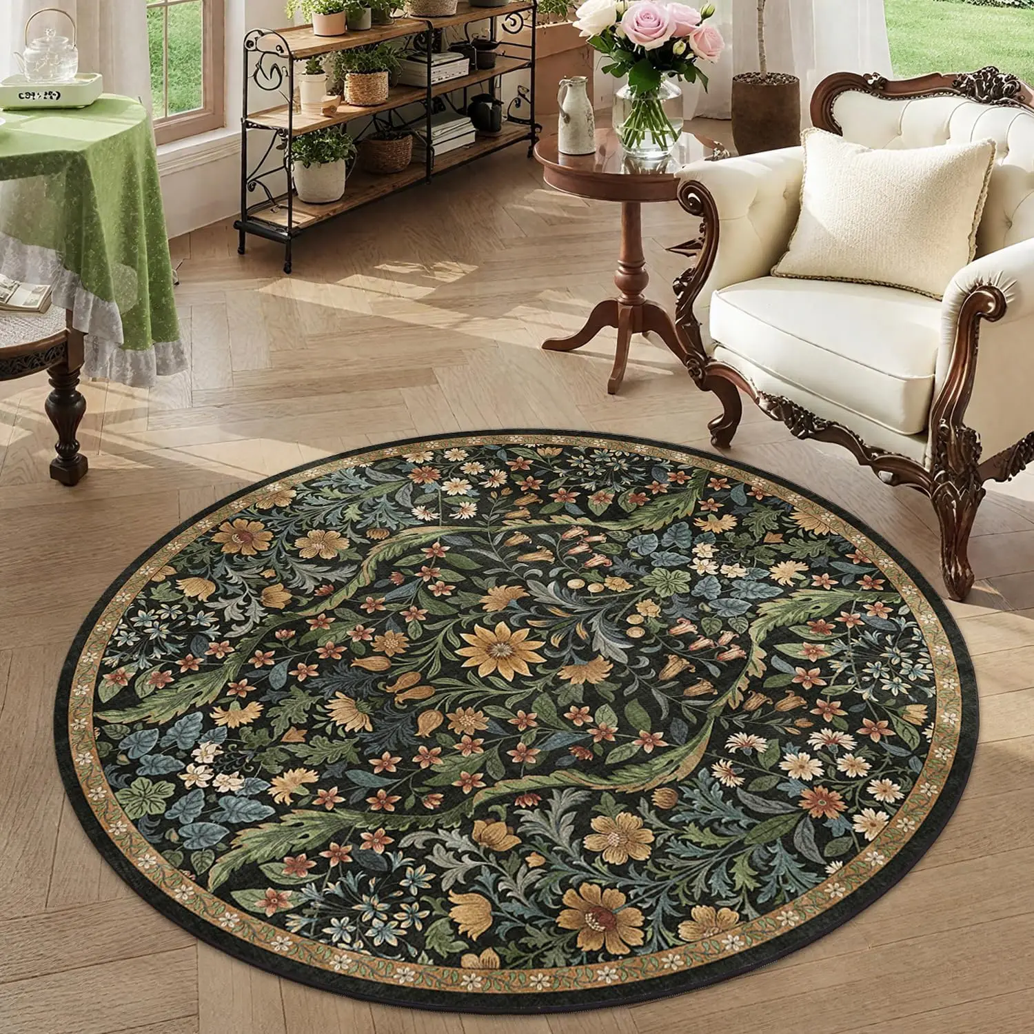 Boho Cottagecore Round Area Rug Antique Earthy Floral Circle Carpet Washable Non Slip Elegant Entryway Home Floor Decor