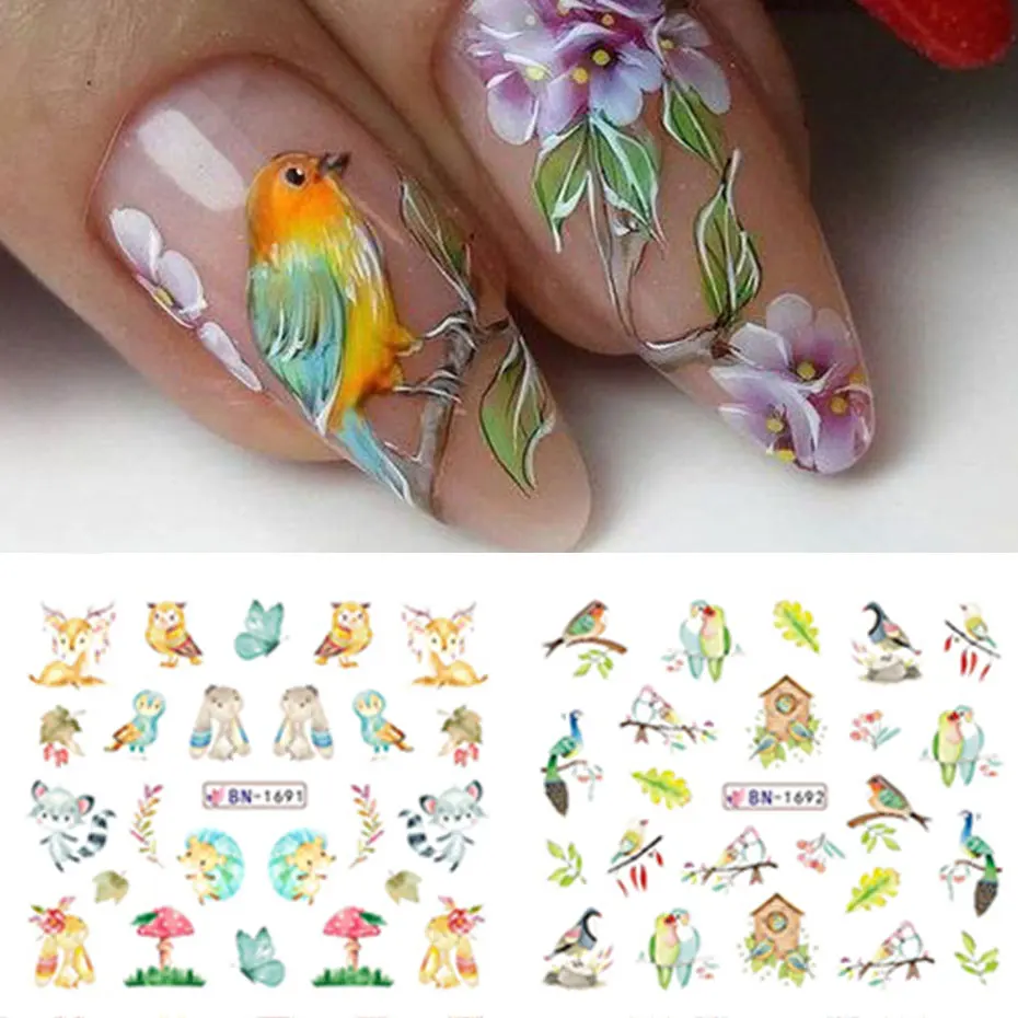 12Design Autunno Animale Nail Art Acqua Adesivo Cartoon Gufo Scoiattolo Volpe Riccio Trasferimento Slider Autunno Tema Frutta Manicure Decor