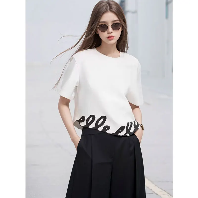 Modern French Style Desigual T Shirt For Woman Fashion Chic Design Asymmetrical Print Short Sleeve Loose Casual Shirts Lady Tops