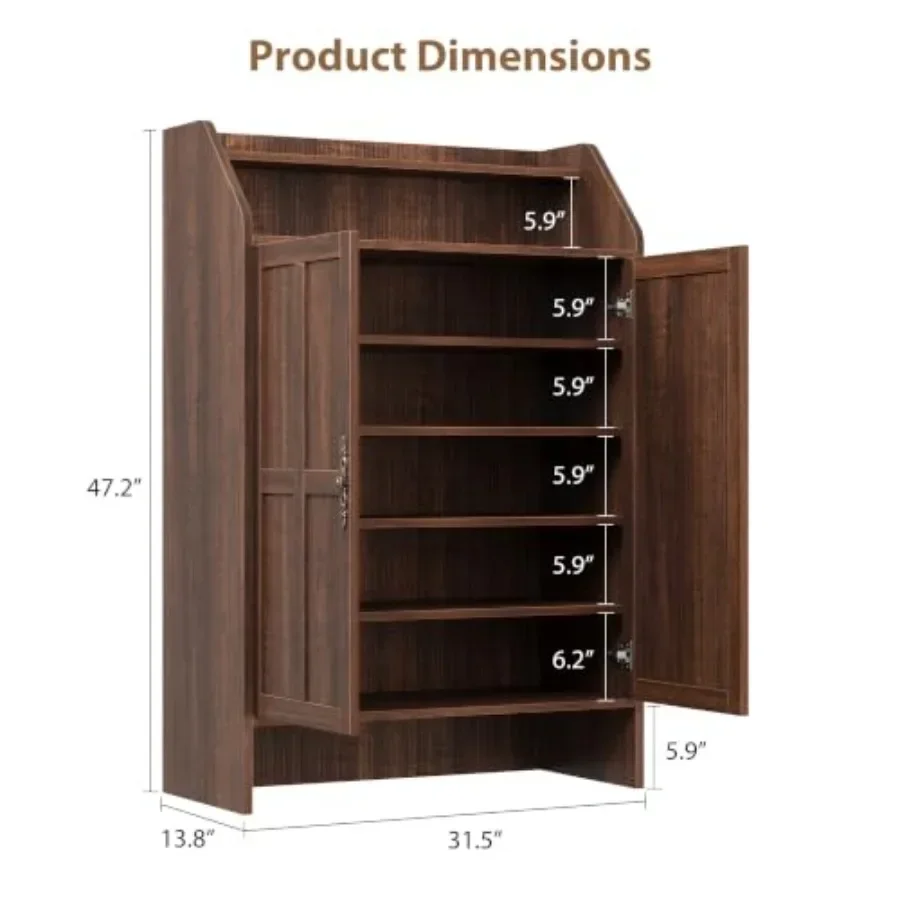 Shoe Storage Cabinet for Entryway Use, Made of Engineered Wood, Espresso Brown Finish, Space-Saving Vertical Design with Adjust