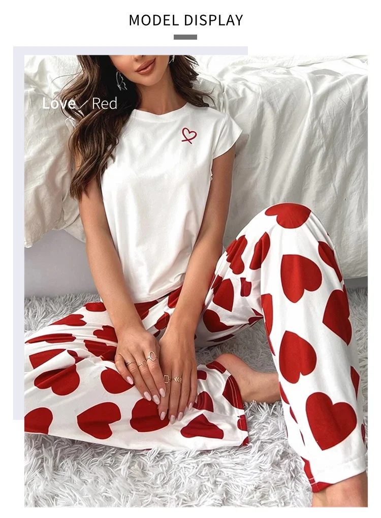 Herz & Brief gedruckt Damen Pyjama Pj Set weiche Kurzarm Tops & elastische Taille Hosen Pyjama Pijama Femme Casual Home Kleidung – Detail 5