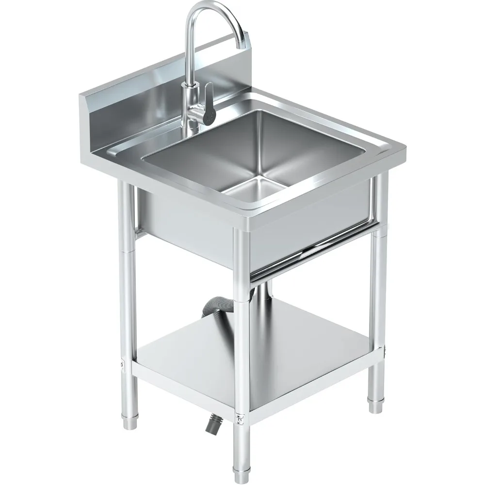 

Utility Sink Freestanding Single Bowl Laundry Sink with Hot and Cold Water Plumbing Stainless Steel Sink for Kitchen and Bathroo