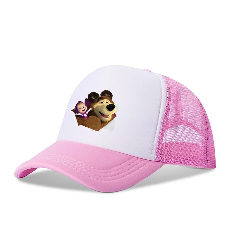 Mashas Bears Baseball Cap Girls Cartoon Printed Peaked Hat Summer Breathable Mesh Caps Kid Cute Pink Sunhat Sports Birthday Gift