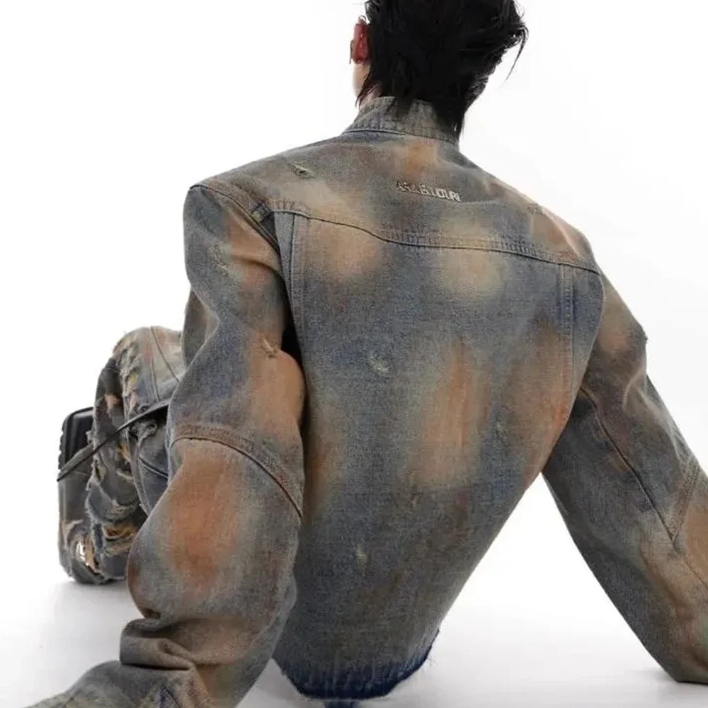 Mens Denim Jacket Jeans Wilderness Construction Site Style Distressed Washed Holes Street Wear Fashion Versatile Men'S Wear