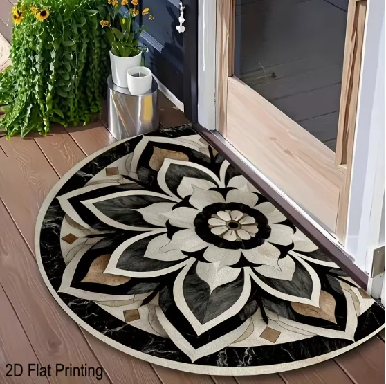 D Flat Mandala Door Mat, Semi-circular Outdoor Use, with Black Brown Mandala Pattern Entrance Corridors Gardens and Floor Mats