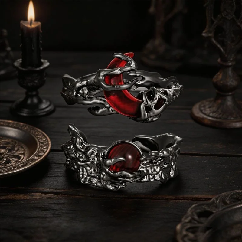 2-piece Gothic Red Moon Round Stone Ring Set Irregular Thorn Skeleton Texture Open Stackable Ring Aesthetic Jewelry