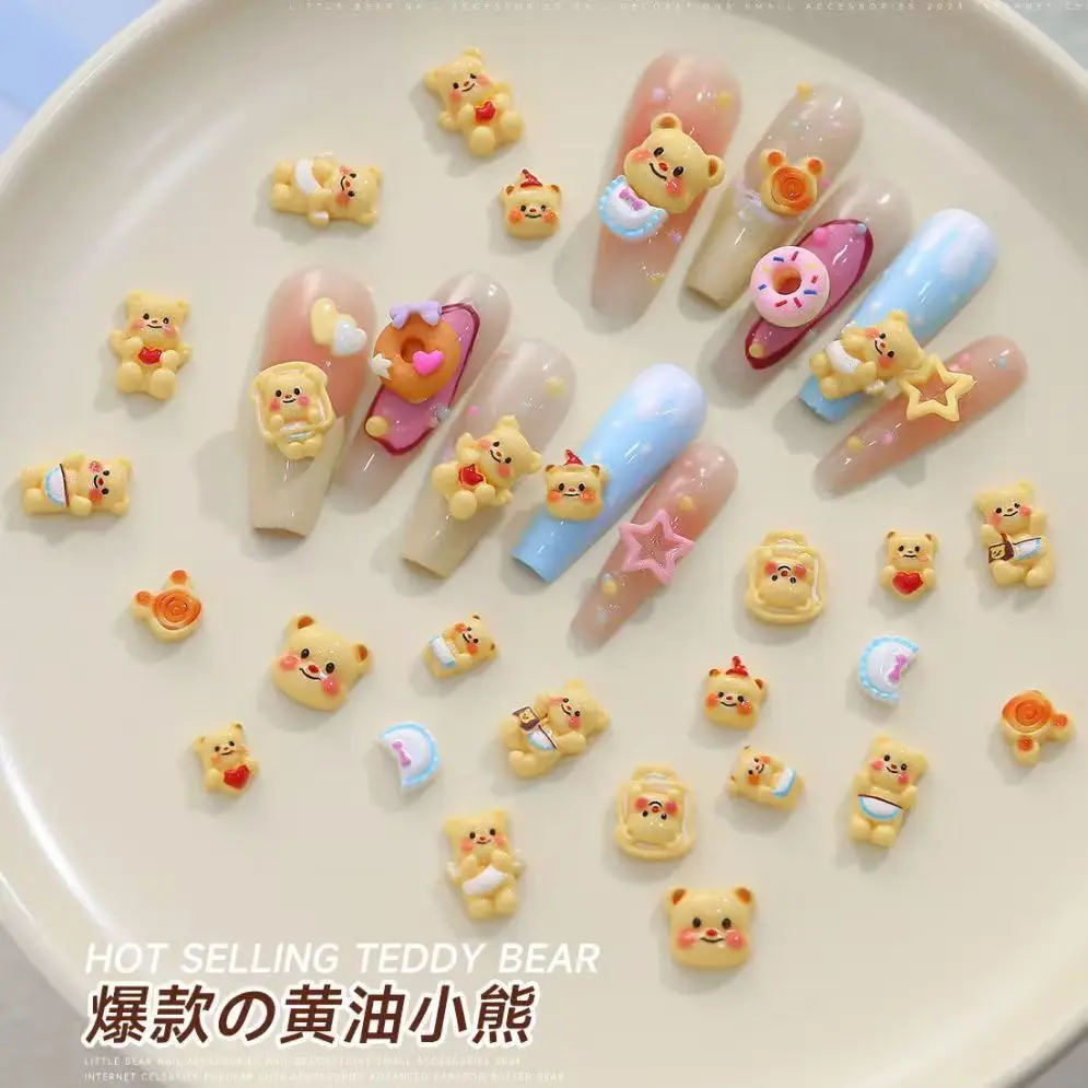 50Pcs Internet Celebrity Butter Bear Three-dimensional Cute Manicure Jewelry Sweet Girl Heart Bear Manicure Jewelry