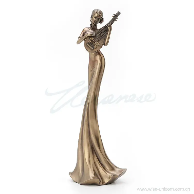 Antique Bronze Pipa Playing Lady Statue Chinese Traditional Lute Musician Sculpture Vintage Desktop Home Decorative Ornament