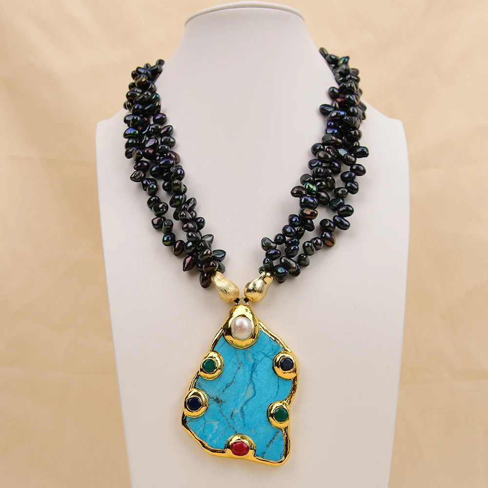 

Ожерелье ручной работы с подвеской из крупных бирюзовых слайсов и 3 рядов культивированного черного жемчуга Кеши, 20 дюймов, для женщин