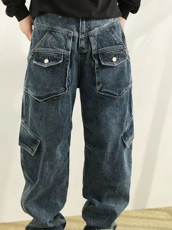 

Retro American Workwear Sle Loose Waed Denim Pants Men's Multi-ket Spring Autumn New Wide Leg Long Pants Versatile