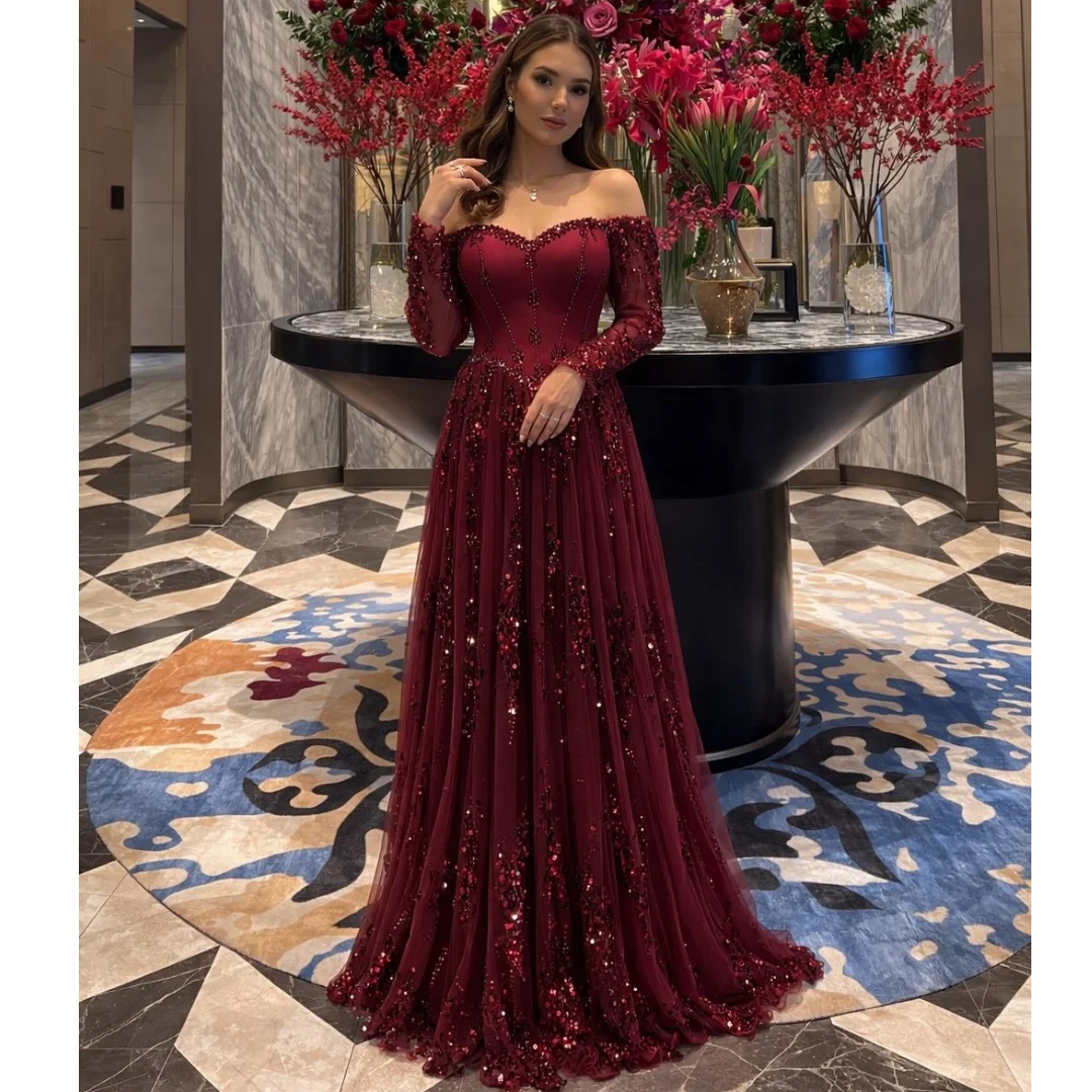 

Burgundy Exquisite Evening Dresses Lace Sequined Prom Dress Off the Shoulder Long Sleeves Party Gown Gala Vestidos Customized