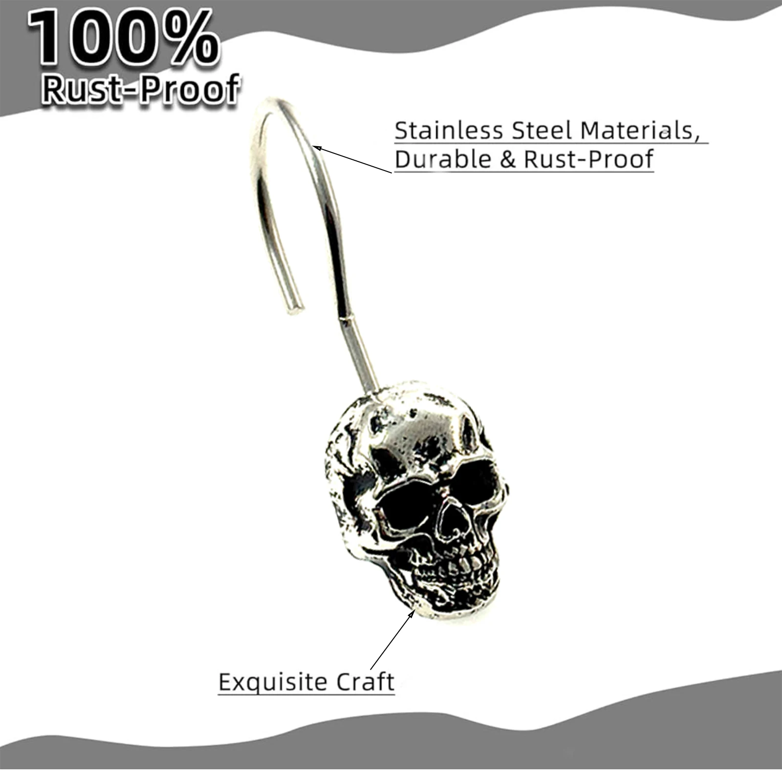 12-Piece Skull Style Shower Curtain Hooks, Durable Stainless Steel Rust-Resistant, Bathroom Decor Modern Design Easy Install