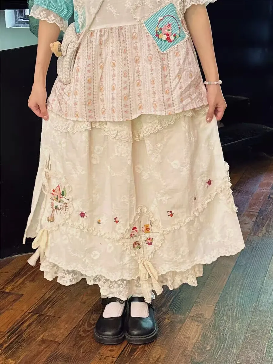 Women Vintage Embroidery Lace Ruffled Midi Pleated Skirt New Casual A-line Skirt Japanese Lolita Style Cotton Linen Skirt