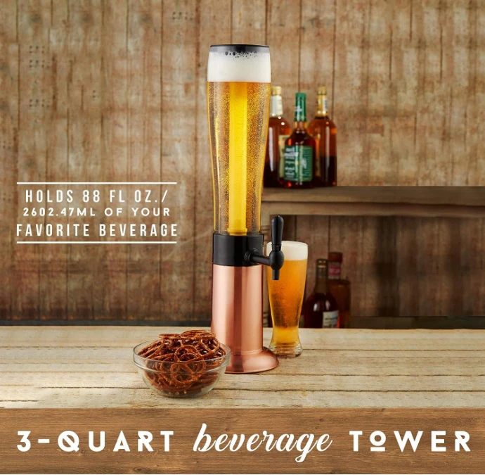 Beer tower drink dispenser with Pro-Pour faucet and freezer tube to keep drinks cold, perfect for parties and game days