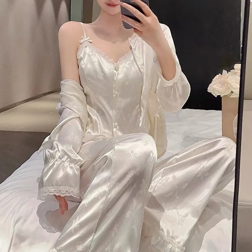 

Ice Silk National Style Hanging Pajamas Spring New Women's Long Sleeved Pants Palace Girl French Home Clothes Three Piece Female