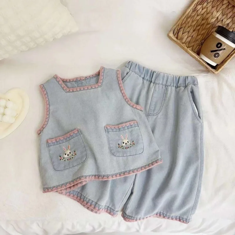 

Summer Western Style Suit Girls' Embroidery Light Blue Denim Two-Piece Suit Cropped Wide-Leg Pants Sweet Summer Fashion