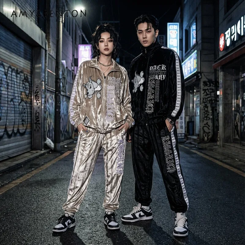

Japanese Subculture Harajuku Style Cartoon Embroidery Three-dimensional Velvet Jacket Casual Trousers Sports Two-piece Set Women
