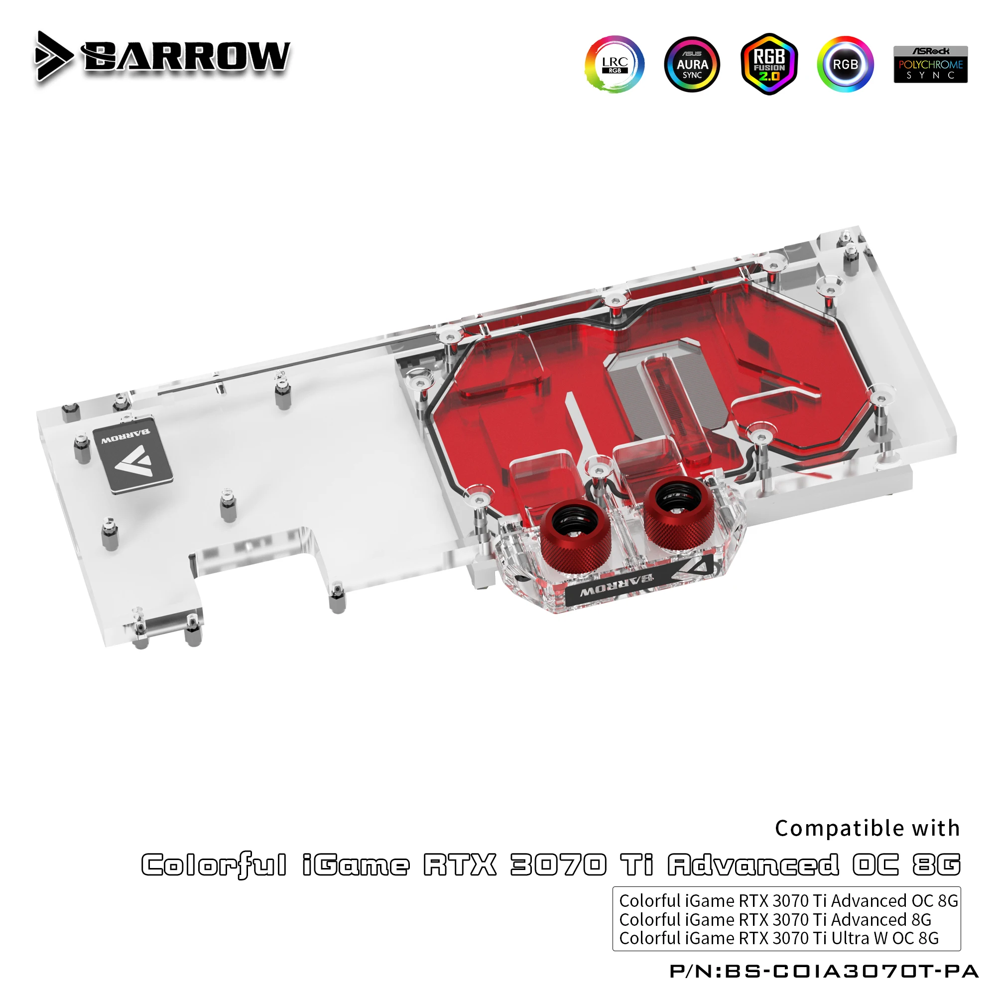 

Barrow GPU Water Block , For Colorful iGame RTX 3070 TI Advanced OC / Ultra W OC 8G , Full Cover Water Cooler BS-COIA3070T-PA