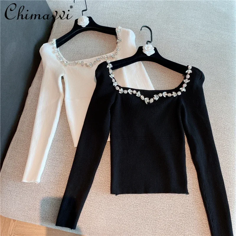 2023 Winter New Ladies Fashion Slimming Rhinestone Collar Knitted Top Women\'s Simple Long-Sleeved Sweater Solid Bottoming Shirt