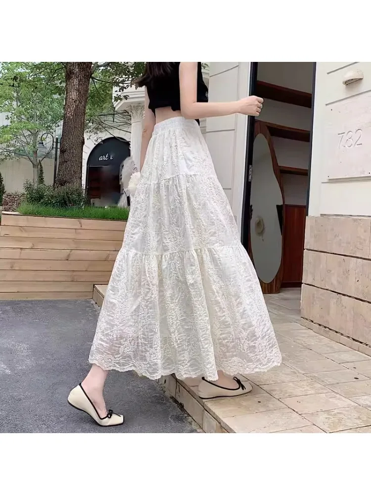 plus Size Women's High Waist Midi Skirt Lace Embroidered Net A-Line Summer Slimming Skirts Casual Shape Pear Shape