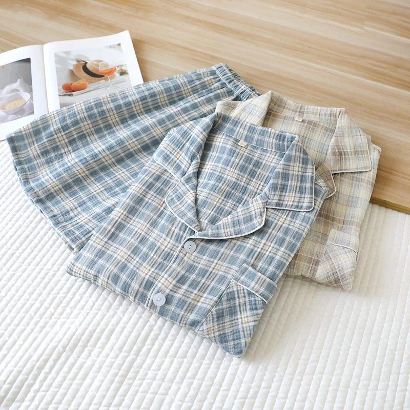 Summer Lightweight Cotton Flannel Shorts Sleeve Men's Set Casual Plaid Home Clothes Loose Sleepwear Large Size Outdoor Wear