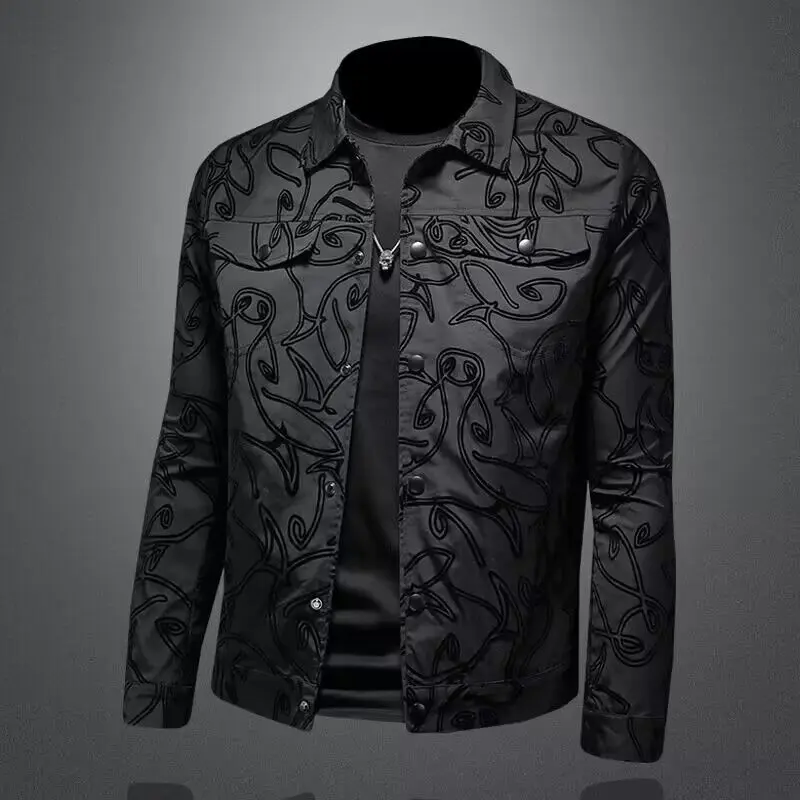 Luxury Flocking Bomber Jacket Mens 2024 Autumn Business Vintage Casual Slim Jacket Lapel Single Breasted Jacquard Coats Jacket