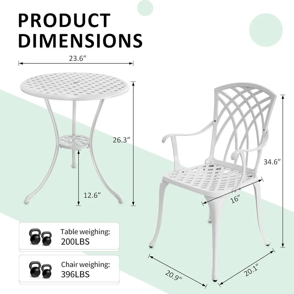 ชุดบิสโทรอลูมิเนียมหล่อขึ้นรูปสีขาวสำหรับใช้งานกลางแจ้ง 3 ชิ้น พร้อมโต๊ะและเก้าอี้ 2 ตัว ทนทานต่อสภาพอากาศ เหมาะสำหรับระเบียงด้านหน้า พร้อมร่ม