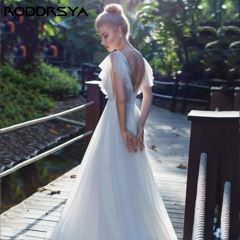 RODDRSYA Glitter Tulle A-line Wedding Dress Batwing Sleeve Sexy V-Neck فستان حفلات الزفاف Illusion Lace Backless Bridal Party