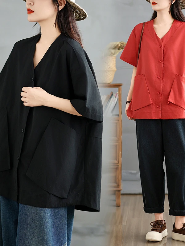 Loose Pure Color mujer irt verano Faion Big ket v-ne adelgazamiento longitud media coreano Sle Casual ropa de oficina