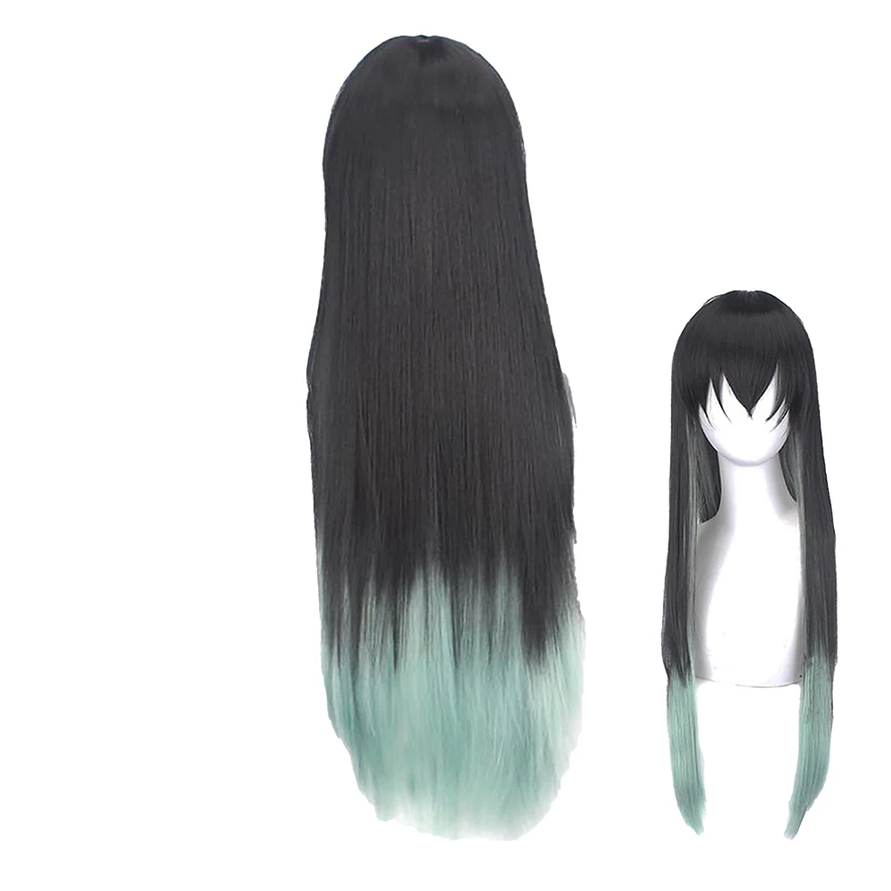Pelucas de Cosplay de Anime Tokitou Muichirou, accesorios de personajes, pelucas para la cabeza, pelo largo liso sintético negro y verde resistente al calor