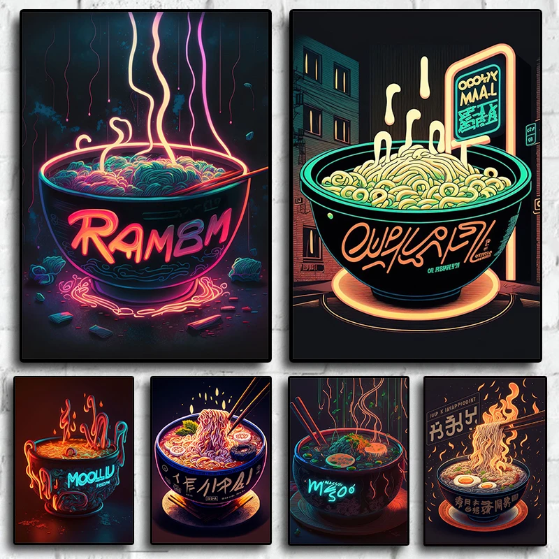 80s Pop Japan Neon Punk Art Waves Ramen Poster Aesthetics Canvas Painting Wall Decor Home Music Kitchen Kawaii Room Decor Mural