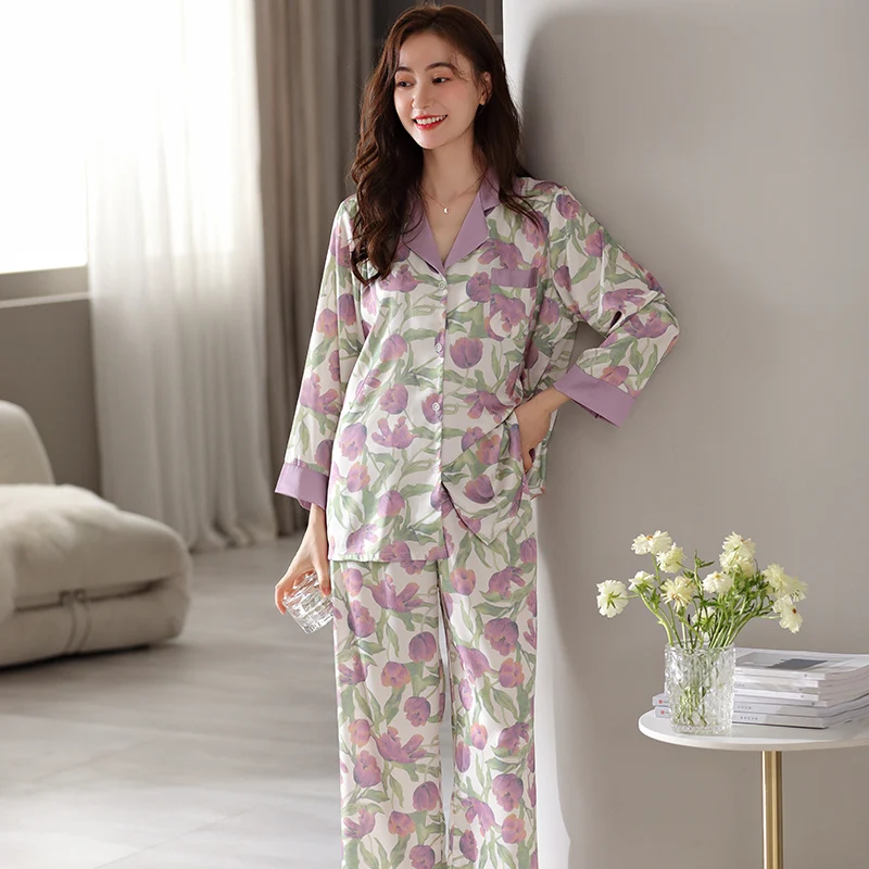 Women's Pajamas Set Spring and Autumn Silk Home Wear Women Turn-down Collar Long Sleeve Home Clothes