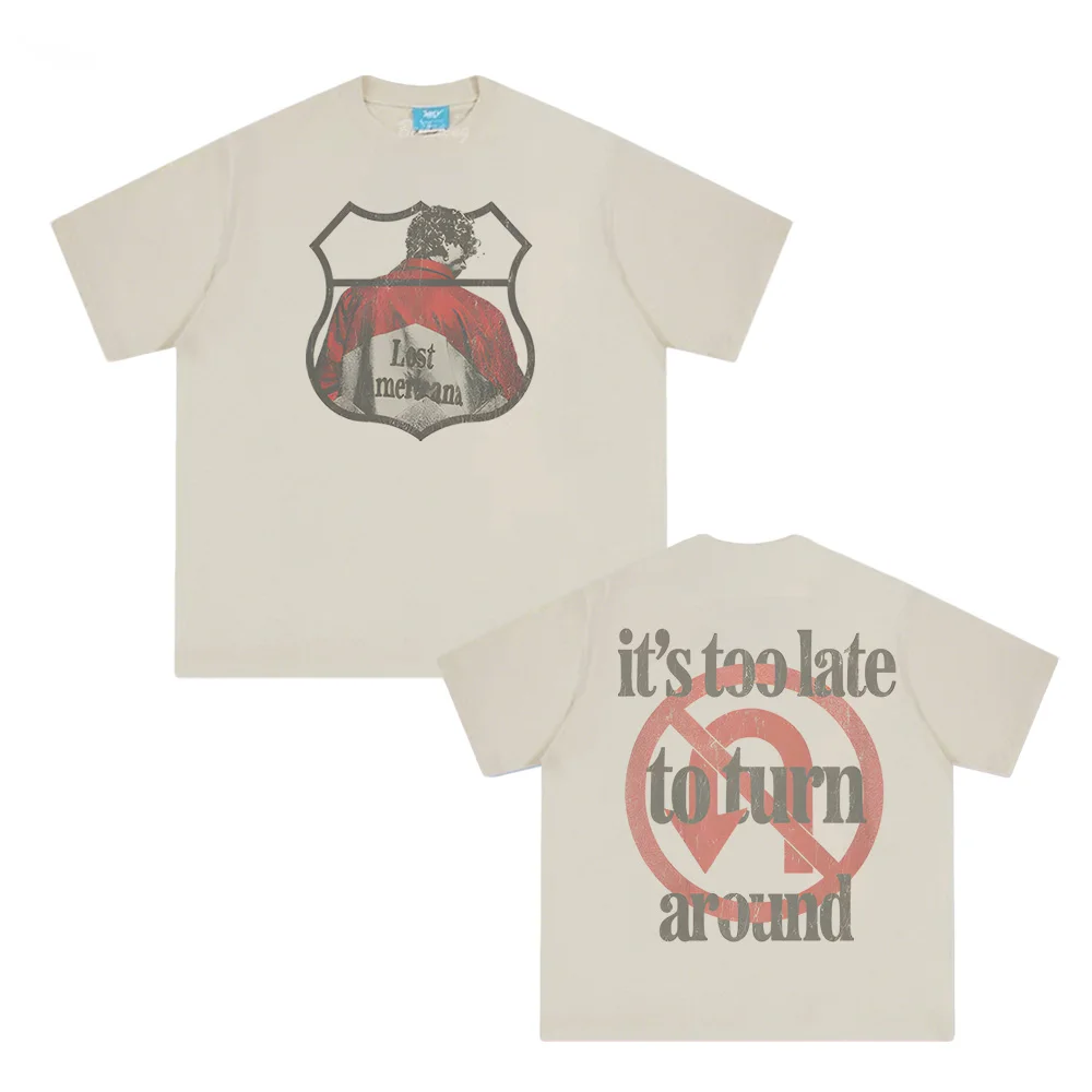 

lost americana 2025new T Shirt Summer Hip Hop Tee-shirt Sleeve Korean Style 100%Cotton mgk Singer's Same Style Female/Male Tops