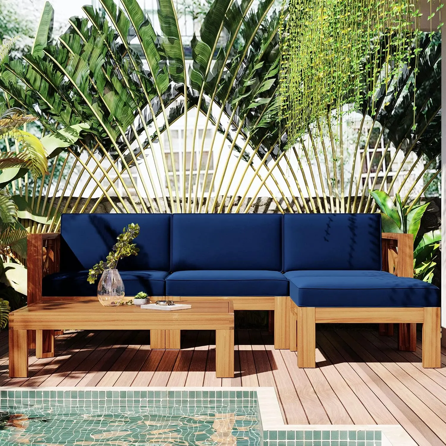 Outdoor Patio Wood 5-Piece Sectional Sofa Set with Cushions, Natural Finish & Blue, Customized