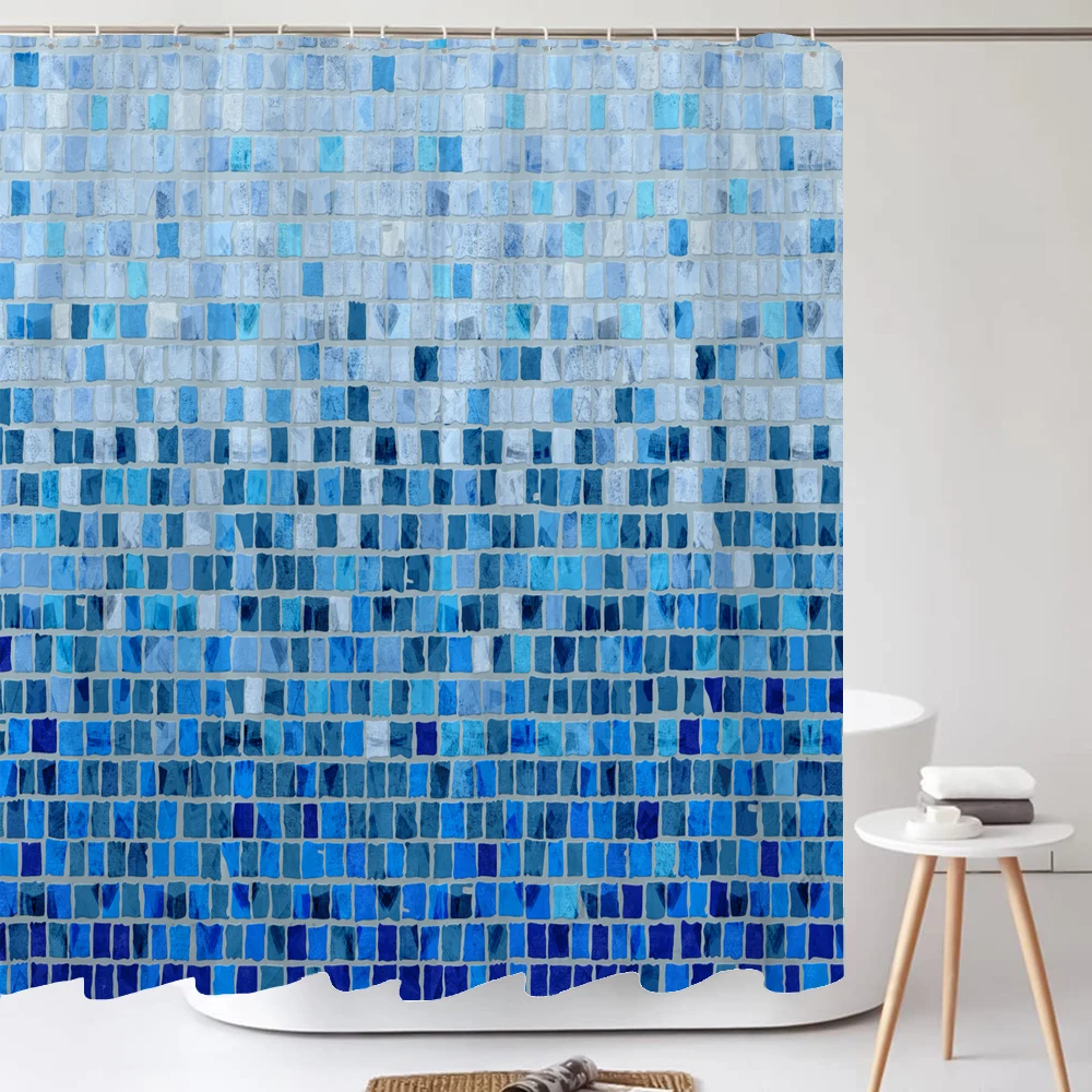 Blue Mosaic Pattern Bath Curtain Waterproof Shower Curtains Geometric Bath Screen Printed Curtain with Hooks for Bathroom Gift