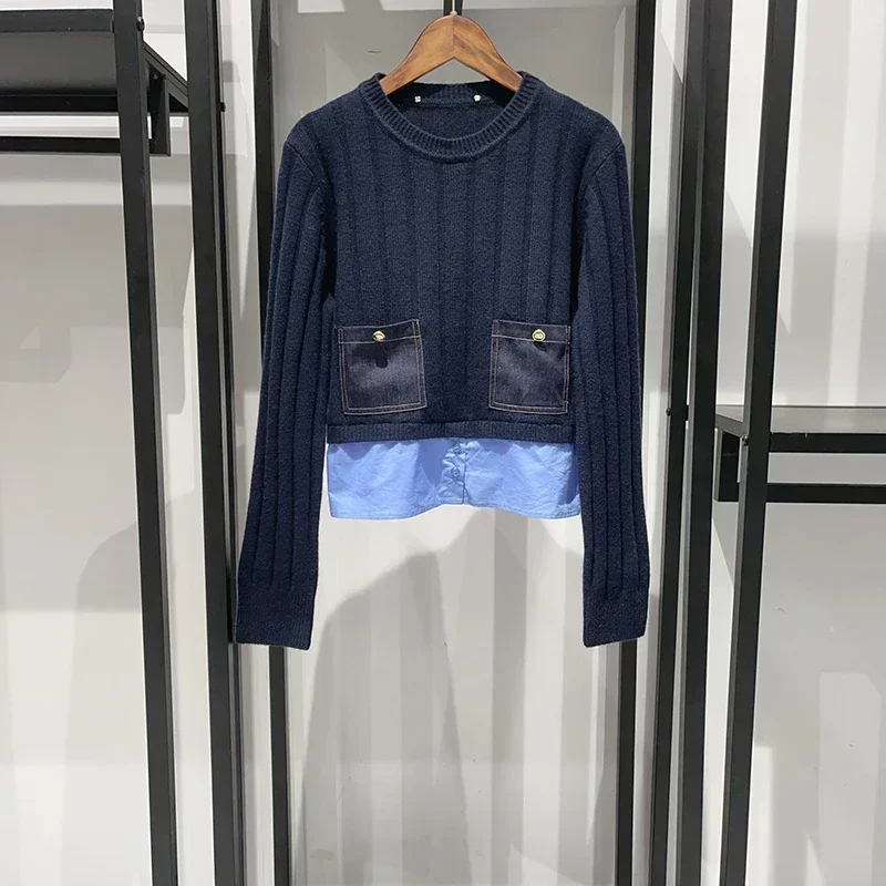 Women Long Sleeve Sweater Detachable Turn-Down Collar Fake Two Pieces 2 Colors Lady Pullover Tops